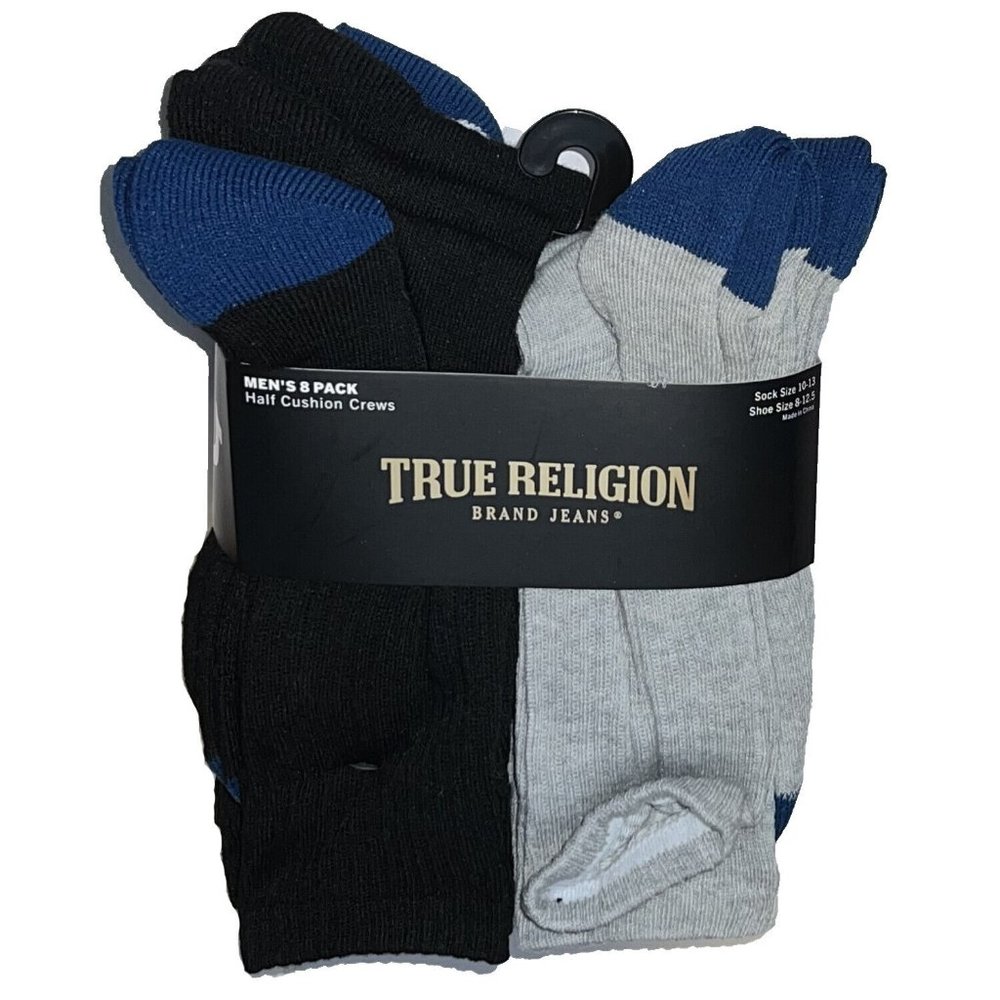 True Religion men’s 8 pack Half cushion crews 10-13 shoes size 8-12 NEW w TAGS